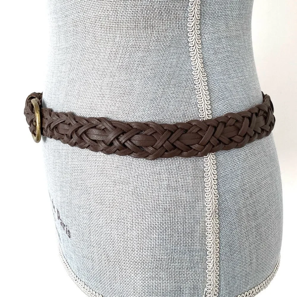 Vintage Brown Braided Leather Belt Gold Tone Buckle Sz M/L Boho Western Preppy